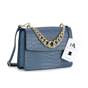 Geanta dama din piele naturala lacuita cu textura croco DiAmanti Editta Albastru Denim